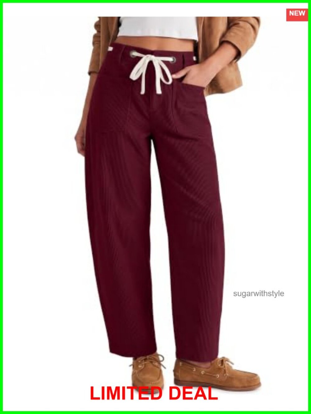 Barrel Wide Leg Corduroy Ankle Pants High Waisted Drawstring Casual Trousers